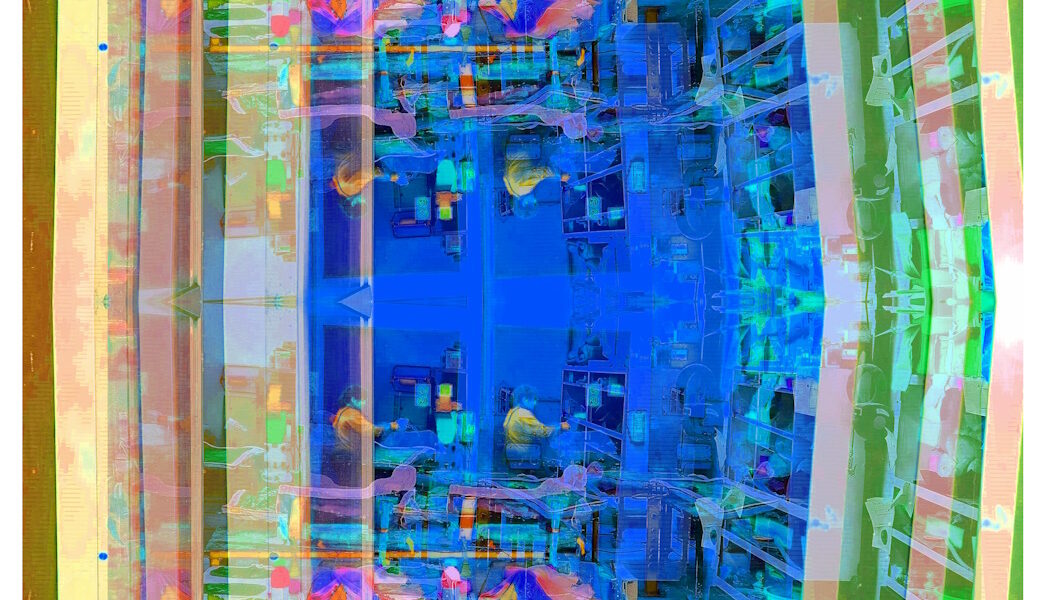 Manufakturen-Blog-PopArt-Projekt: Arbeitsplatz V, sandgrün / mittelblau (Foto: Wigmar Bressel) - basierend auf einem Foto in ein Produktionsgebäude der Lauchhammer Kunstguss KG hinein