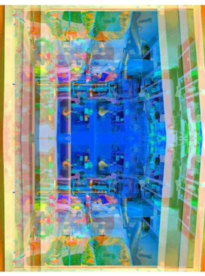 Manufakturen-Blog-PopArt-Projekt: Arbeitsplatz V, sandgrün / mittelblau (Foto: Wigmar Bressel) - basierend auf einem Foto in ein Produktionsgebäude der Lauchhammer Kunstguss KG hinein