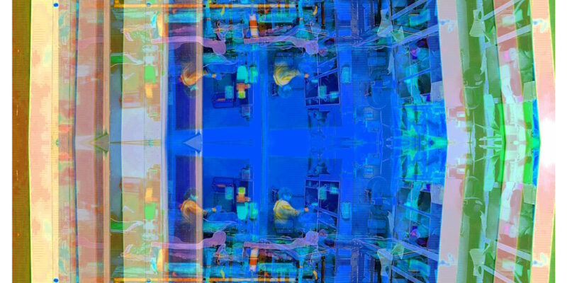 Manufakturen-Blog-PopArt-Projekt: Arbeitsplatz V, sandgrün / mittelblau (Foto: Wigmar Bressel) - basierend auf einem Foto in ein Produktionsgebäude der Lauchhammer Kunstguss KG hinein