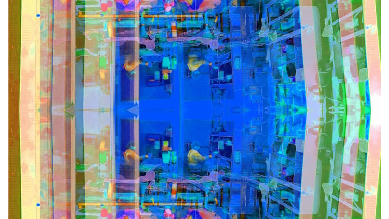 Manufakturen-Blog-PopArt-Projekt: Arbeitsplatz V, sandgrün / mittelblau (Foto: Wigmar Bressel) - basierend auf einem Foto in ein Produktionsgebäude der Lauchhammer Kunstguss KG hinein