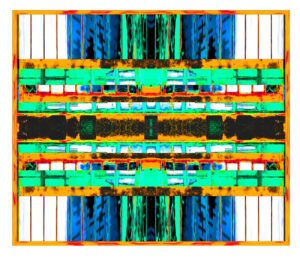 Manufakturen-Blog-PopArt-Projekt: Die Porzellanmanufaktur Dibbern VIII (fragmentiert), blau / hellgrün / orange (Foto: Wigmar Bressel) - Collage, basierend auf einem Foto des Werks der Porzellanmanufaktur aus Bargteheide in Hohenberg an der Eger