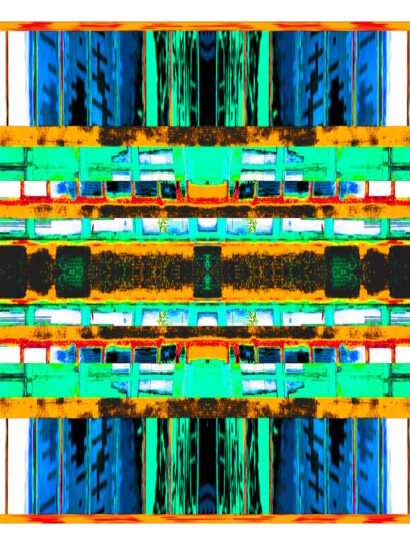 Manufakturen-Blog-PopArt-Projekt: Die Porzellanmanufaktur Dibbern VIII (fragmentiert), blau / hellgrün / orange (Foto: Wigmar Bressel) - Collage, basierend auf einem Foto des Werks der Porzellanmanufaktur aus Bargteheide in Hohenberg an der Eger