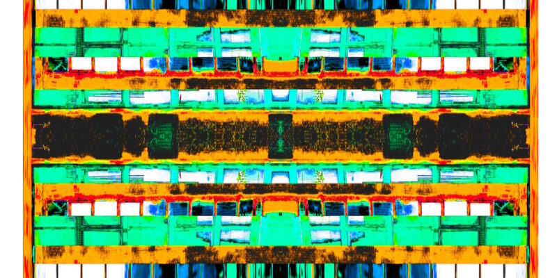 Manufakturen-Blog-PopArt-Projekt: Die Porzellanmanufaktur Dibbern VIII (fragmentiert), blau / hellgrün / orange (Foto: Wigmar Bressel) - Collage, basierend auf einem Foto des Werks der Porzellanmanufaktur aus Bargteheide in Hohenberg an der Eger