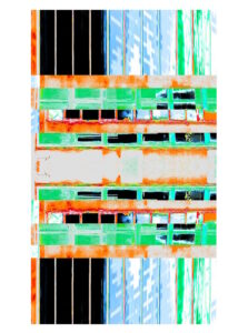 Manufakturen-Blog-PopArt-Projekt: Porzellanmanufaktur Dibbern VI (fragmentiert), hellblau / orange / hellgrün (Foto: Wigmar Bressel) - Collage, basierend auf einem Foto des Werks der Porzellanmanufaktur aus Bargteheide in Hohenberg an der Eger
