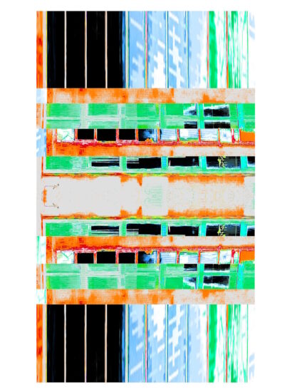 Manufakturen-Blog-PopArt-Projekt: Porzellanmanufaktur Dibbern VI (fragmentiert), hellblau / orange / hellgrün (Foto: Wigmar Bressel) - Collage, basierend auf einem Foto des Werks der Porzellanmanufaktur aus Bargteheide in Hohenberg an der Eger