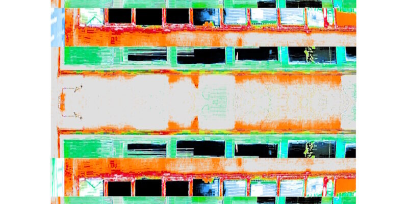 Manufakturen-Blog-PopArt-Projekt: Porzellanmanufaktur Dibbern VI (fragmentiert), hellblau / orange / hellgrün (Foto: Wigmar Bressel) - Collage, basierend auf einem Foto des Werks der Porzellanmanufaktur aus Bargteheide in Hohenberg an der Eger