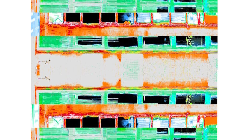 Manufakturen-Blog-PopArt-Projekt: Porzellanmanufaktur Dibbern VI (fragmentiert), hellblau / orange / hellgrün (Foto: Wigmar Bressel) - Collage, basierend auf einem Foto des Werks der Porzellanmanufaktur aus Bargteheide in Hohenberg an der Eger