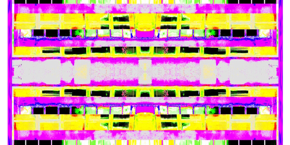 Manufakturen-Blog-PopArt-Projekt: Die Porzellanmanufaktur Dibbern VII (fragmentiert), violett / zitronengelb / hellgrün (Foto: Wigmar Bressel) - Collage, basierend auf einem Foto des Werks der Porzellanmanufaktur aus Bargteheide in Hohenberg an der Eger