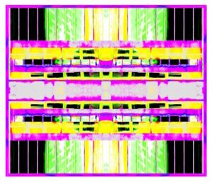 Manufakturen-Blog-PopArt-Projekt: Porzellanmanufaktur Dibbern VII (fragmentiert), violett / zitronengelb / hellgrün (Foto: Wigmar Bressel) - Collage, basierend auf einem Foto des Werks der Porzellanmanufaktur aus Bargteheide in Hohenberg an der Eger