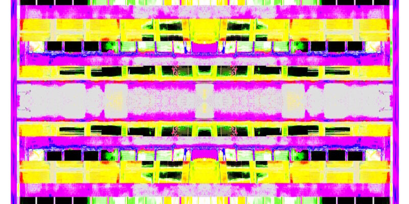 Manufakturen-Blog-PopArt-Projekt: Porzellanmanufaktur Dibbern VII (fragmentiert), violett / zitronengelb / hellgrün (Foto: Wigmar Bressel) - Collage, basierend auf einem Foto des Werks der Porzellanmanufaktur aus Bargteheide in Hohenberg an der Eger