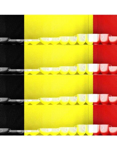 Manufakturen-Blog-PopArt-Projekt: Tassen IV (Fahnen), schwarz / gelb / rot (Foto: Wigmar Bressel) - Collage, basierend auf einem Foto des Modells 'Fluen' von Alfredo Häberli für die niedersächsische Porzellanmanufaktur Fürstenberg