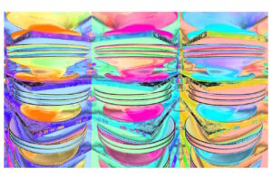 Manufakturen-Blog-PopArt-Projekt: Drei Stapel Teller, hellblau / lindgrün / rosa (Foto: Wigmar Bressel) - basierend auf einem Foto von Pastatellern in der Produktion der niedersächsischen Porzellanmanufaktur Fürstenberg