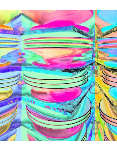 Manufakturen-Blog-PopArt-Projekt: Drei Stapel Teller, hellblau / lindgrün / rosa (Foto: Wigmar Bressel) - basierend auf einem Foto von Pastatellern in der Produktion der niedersächsischen Porzellanmanufaktur Fürstenberg