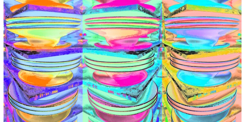 Manufakturen-Blog-PopArt-Projekt: Drei Stapel Teller, hellblau / lindgrün / rosa (Foto: Wigmar Bressel) - basierend auf einem Foto von Pastatellern in der Produktion der niedersächsischen Porzellanmanufaktur Fürstenberg