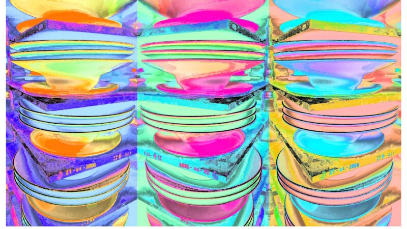 Manufakturen-Blog-PopArt-Projekt: Drei Stapel Teller, hellblau / lindgrün / rosa (Foto: Wigmar Bressel) - basierend auf einem Foto von Pastatellern in der Produktion der niedersächsischen Porzellanmanufaktur Fürstenberg