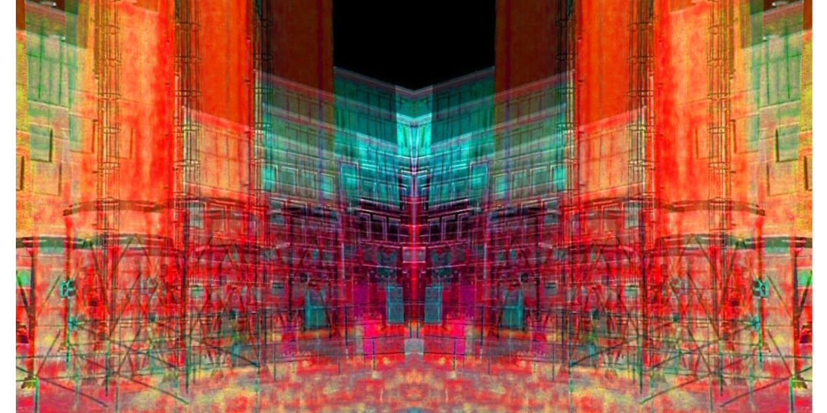 Manufakturen-Blog-PopArt-Projekt: Weimarer Porzellanmanufaktur bei Nacht IV (Silos), orange (Foto: Wigmar Bressel) aus der Serie 'Spiegelungen' - basierend auf einem Foto auf dem Hof des Werks von Weimar-Porzellan (1790 - 2018) im thüringischen Blankenhain