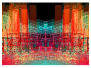 Manufakturen-Blog-PopArt-Projekt: Weimarer Porzellanmanufaktur bei Nacht IV (Silos), orange (Foto: Wigmar Bressel) aus der Serie 'Spiegelungen' - basierend auf einem Foto auf dem Hof des Werks von Weimar-Porzellan (1790 - 2018) im thüringischen Blankenhain