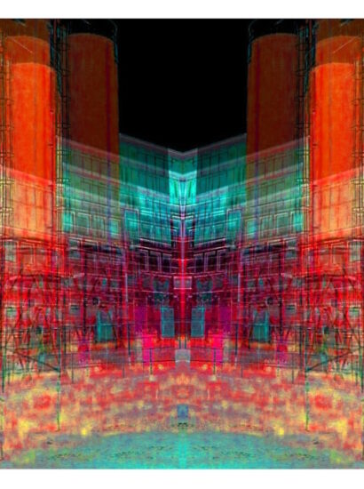 Manufakturen-Blog-PopArt-Projekt: Weimarer Porzellanmanufaktur bei Nacht IV (Silos), orange (Foto: Wigmar Bressel) aus der Serie 'Spiegelungen' - basierend auf einem Foto auf dem Hof des Werks von Weimar-Porzellan (1790 - 2018) im thüringischen Blankenhain