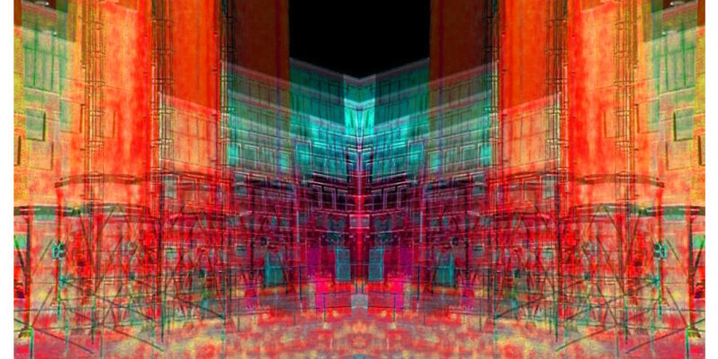 Manufakturen-Blog-PopArt-Projekt: Weimarer Porzellanmanufaktur bei Nacht IV (Silos), orange (Foto: Wigmar Bressel) aus der Serie 'Spiegelungen' - basierend auf einem Foto auf dem Hof des Werks von Weimar-Porzellan (1790 - 2018) im thüringischen Blankenhain