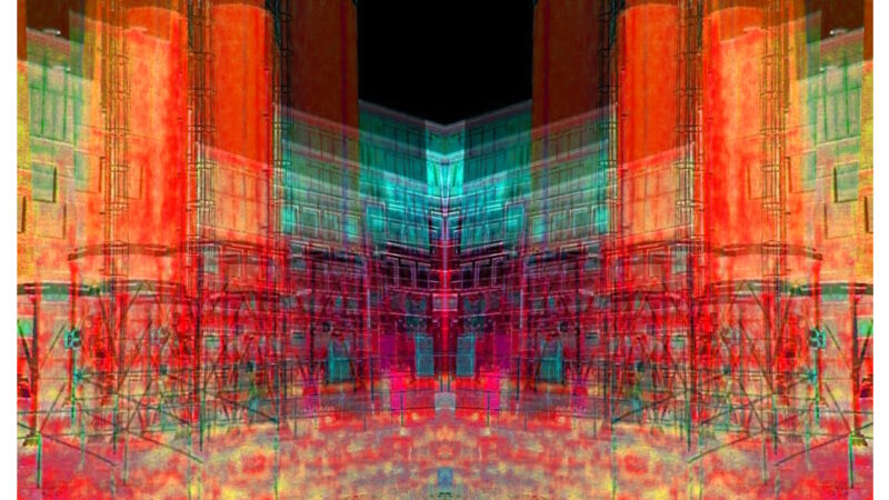 Manufakturen-Blog-PopArt-Projekt: Weimarer Porzellanmanufaktur bei Nacht IV (Silos), orange (Foto: Wigmar Bressel) aus der Serie 'Spiegelungen' - basierend auf einem Foto auf dem Hof des Werks von Weimar-Porzellan (1790 - 2018) im thüringischen Blankenhain