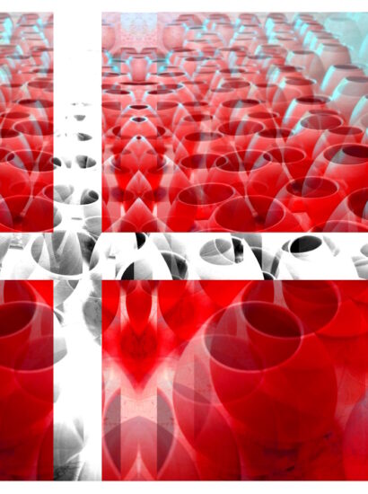 Manufakturen-Blog-PopArt-Projekt: Matebecher II (Fahnen), rot / weiß (Foto: Wigmar Bressel) aus der Serie 'Spiegelungen' - Collage, basierend auf einem Foto am Brennofen in der Werkstatt der Independent-Keramikerin Franziska M. Köllner in Leipzig