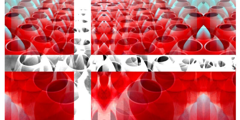 Manufakturen-Blog-PopArt-Projekt: Matebecher II (Fahnen), rot / weiß (Foto: Wigmar Bressel) aus der Serie 'Spiegelungen' - Collage, basierend auf einem Foto am Brennofen in der Werkstatt der Independent-Keramikerin Franziska M. Köllner in Leipzig
