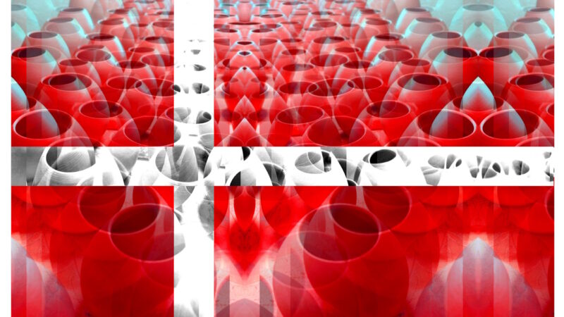 Manufakturen-Blog-PopArt-Projekt: Matebecher II (Fahnen), rot / weiß (Foto: Wigmar Bressel) aus der Serie 'Spiegelungen' - Collage, basierend auf einem Foto am Brennofen in der Werkstatt der Independent-Keramikerin Franziska M. Köllner in Leipzig