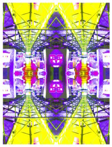 Manufakturen-Blog-PopArt-Projekt: Ofenhalle VI, gelb / lila (Foto: Wigmar Bressel) aus der Serie 'Spiegelungen' - Collage, basierend auf einem Foto in der Alten Ofenhalle der Königlichen Porzellanmanufaktur (KPM) in der Berliner Wegelystraße 1; heute einer der Flagshipstores des Unternehmens.