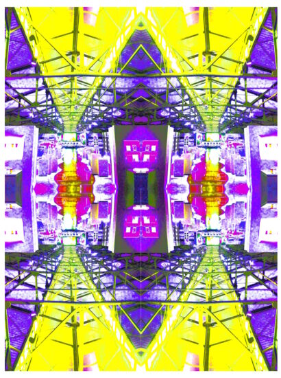 Manufakturen-Blog-PopArt-Projekt: Ofenhalle VI, gelb / lila (Foto: Wigmar Bressel) aus der Serie 'Spiegelungen' - Collage, basierend auf einem Foto in der Alten Ofenhalle der Königlichen Porzellanmanufaktur (KPM) in der Berliner Wegelystraße 1; heute einer der Flagshipstores des Unternehmens.