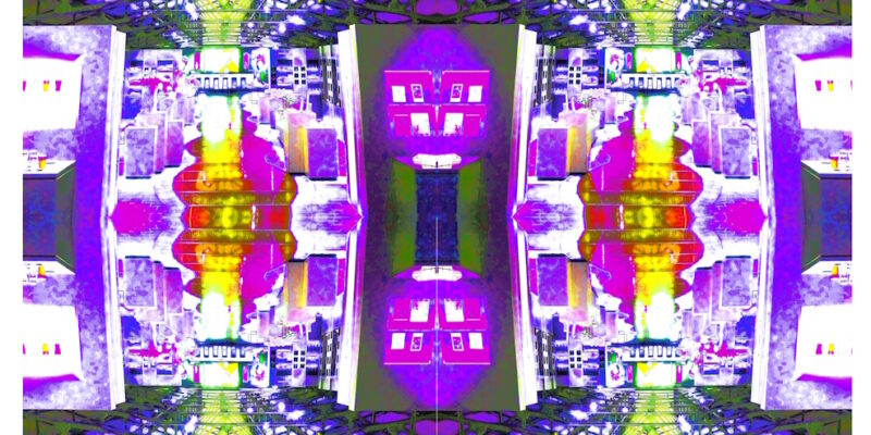 Manufakturen-Blog-PopArt-Projekt: Ofenhalle VI, gelb / lila (Foto: Wigmar Bressel) aus der Serie 'Spiegelungen' - Collage, basierend auf einem Foto in der Alten Ofenhalle der Königlichen Porzellanmanufaktur (KPM) in der Berliner Wegelystraße 1; heute einer der Flagshipstores des Unternehmens.