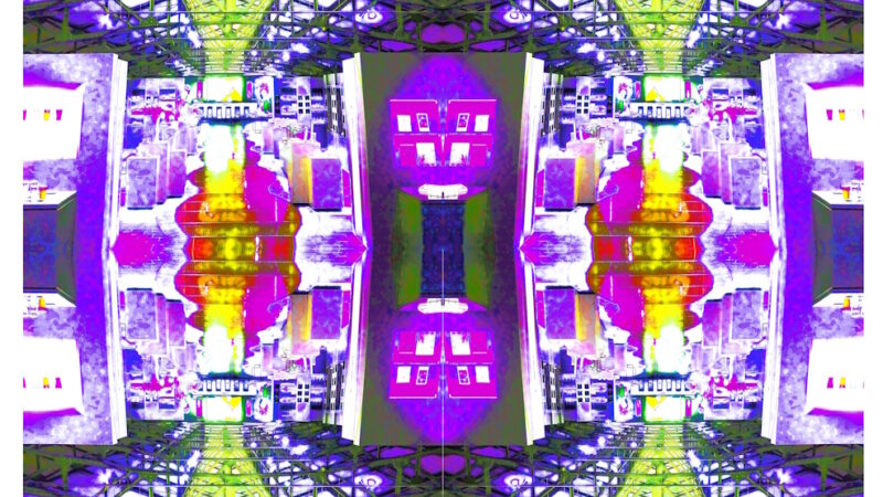 Manufakturen-Blog-PopArt-Projekt: Ofenhalle VI, gelb / lila (Foto: Wigmar Bressel) aus der Serie 'Spiegelungen' - Collage, basierend auf einem Foto in der Alten Ofenhalle der Königlichen Porzellanmanufaktur (KPM) in der Berliner Wegelystraße 1; heute einer der Flagshipstores des Unternehmens.