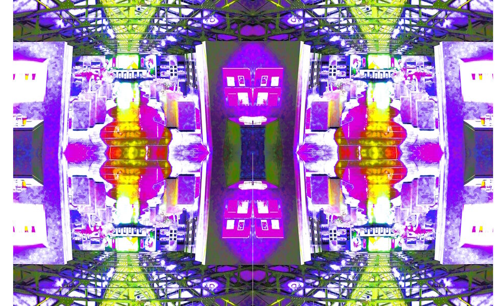Manufakturen-Blog-PopArt-Projekt: Ofenhalle VI, gelb / lila (Foto: Wigmar Bressel) aus der Serie 'Spiegelungen' - Collage, basierend auf einem Foto in der Alten Ofenhalle der Königlichen Porzellanmanufaktur (KPM) in der Berliner Wegelystraße 1; heute einer der Flagshipstores des Unternehmens.