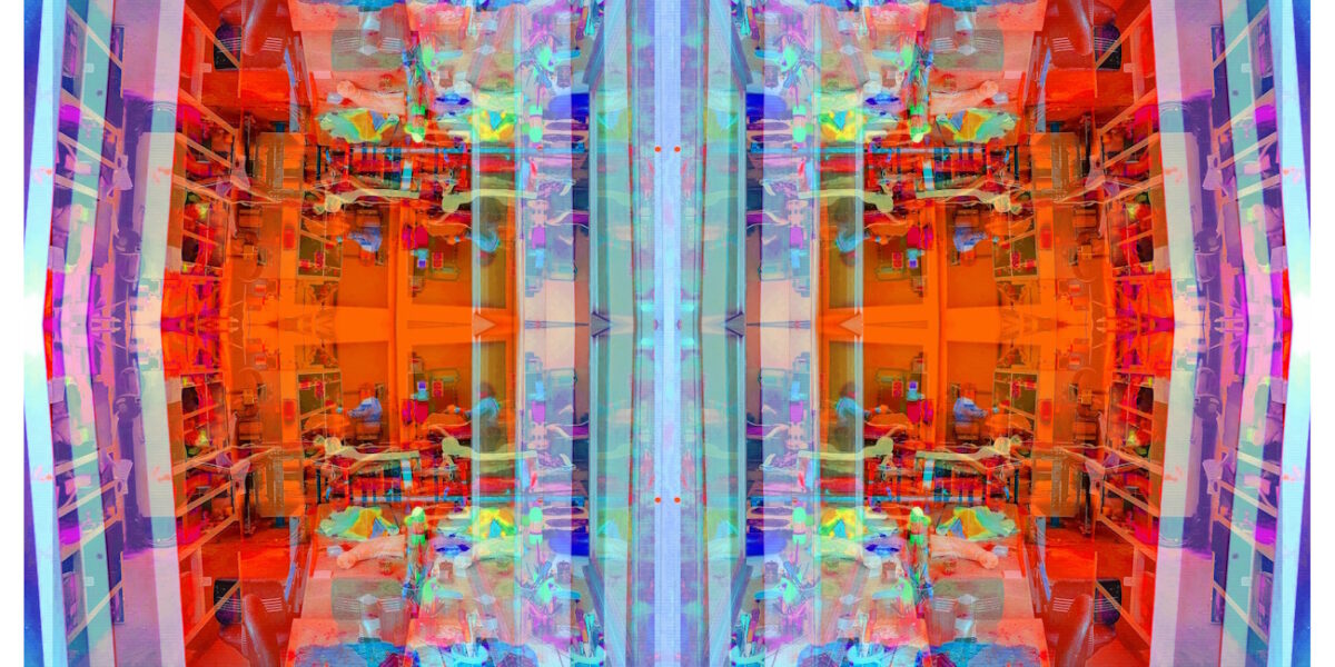 Manufakturen-Blog-PopArt-Projekt: Arbeitsplatz VI, hellblau / zinnoberrot (Foto: Wigmar Bressel) aus der Serie 'Spiegelungen' - Collage, basierend auf einem Foto in ein Produktionsgebäude der Lauchhammer Kunstguss KG hinein