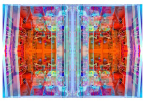 Manufakturen-Blog-PopArt-Projekt: Arbeitsplatz VI, hellblau / zinnoberrot (Foto: Wigmar Bressel) - basierend auf einem Foto in ein Produktionsgebäude der Lauchhammer Kunstguss KG hinein