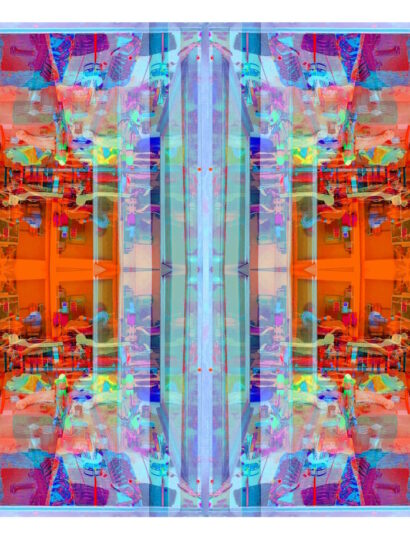 Manufakturen-Blog-PopArt-Projekt: Arbeitsplatz VI, hellblau / zinnoberrot (Foto: Wigmar Bressel) aus der Serie 'Spiegelungen' - Collage, basierend auf einem Foto in ein Produktionsgebäude der Lauchhammer Kunstguss KG hinein