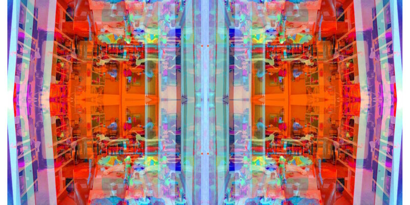 Manufakturen-Blog-PopArt-Projekt: Arbeitsplatz VI, hellblau / zinnoberrot (Foto: Wigmar Bressel) aus der Serie 'Spiegelungen' - Collage, basierend auf einem Foto in ein Produktionsgebäude der Lauchhammer Kunstguss KG hinein