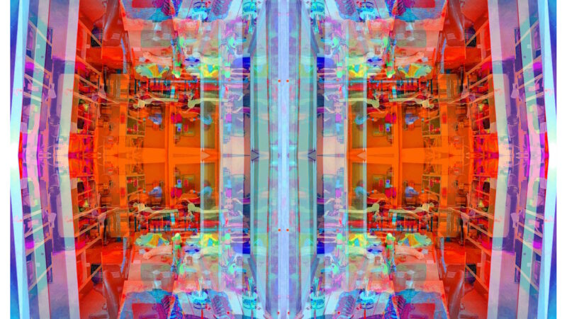 Manufakturen-Blog-PopArt-Projekt: Arbeitsplatz VI, hellblau / zinnoberrot (Foto: Wigmar Bressel) aus der Serie 'Spiegelungen' - Collage, basierend auf einem Foto in ein Produktionsgebäude der Lauchhammer Kunstguss KG hinein