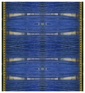 Manufakturen-Blog-PopArt-Projekt: Webstuhl VIII, blau / gelb (Foto: Wigmar Bressel) aus der Serie 'Spiegelungen' - Collage, basierend auf einem Foto an einem der Damastwebmaschinen im Produktionssaal in der Leinenweberei Hoffmann im oberlausitzischen Neukirch