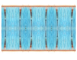 Manufakturen-Blog-PopArt-Projekt: Webstuhl XIV, blau / braun (Foto: Wigmar Bressel) aus der Serie 'Spiegelungen' - Collage, basierend auf einem Foto an einer der Damastwebmaschinen im Produktionssaal in der Leinenweberei Hoffmann im oberlausitzischen Neukirch