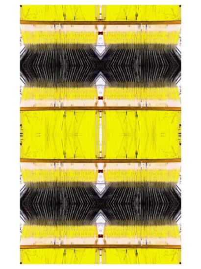 Manufakturen-Blog-PopArt-Projekt: Webstuhl XIII, gelb / anthrazit (Foto: Wigmar Bressel) aus der Serie 'Spiegelungen' und nocheinmal "auf Links gedreht" - Collage, basierend auf einem Foto im Websaal der Leinenweberei Seegers & Sohn in Steinhude am Steinhuder Meer