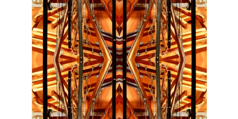 Manufakturen-Blog-PopArt-Projekt: Webstuhl VI, braun / anthrazit (Foto: Wigmar Bressel) aus der Serie 'Spiegelungen' - Collage, basierend auf einem Foto am Webstuhl im Atelier der Webmeisterin Maike Weyrich in Hamburg-Bergedorf
