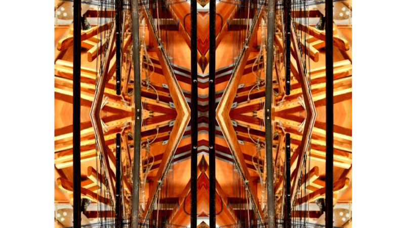 Manufakturen-Blog-PopArt-Projekt: Webstuhl VI, braun / anthrazit (Foto: Wigmar Bressel) aus der Serie 'Spiegelungen' - Collage, basierend auf einem Foto am Webstuhl im Atelier der Webmeisterin Maike Weyrich in Hamburg-Bergedorf