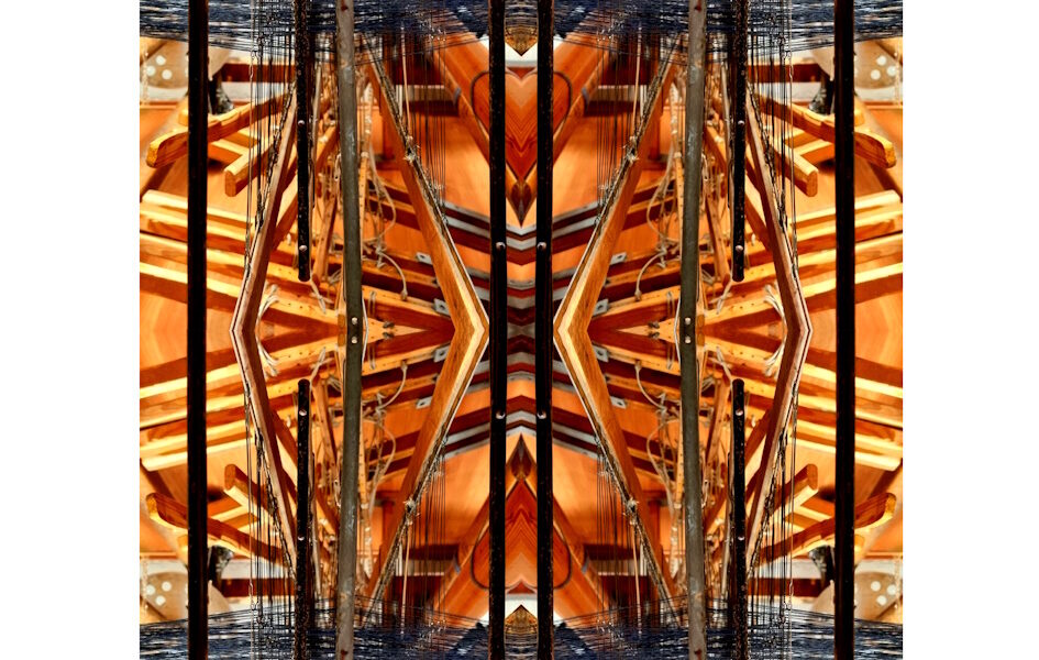 Manufakturen-Blog-PopArt-Projekt: Webstuhl VI, braun / anthrazit (Foto: Wigmar Bressel) aus der Serie 'Spiegelungen' - Collage, basierend auf einem Foto am Webstuhl im Atelier der Webmeisterin Maike Weyrich in Hamburg-Bergedorf