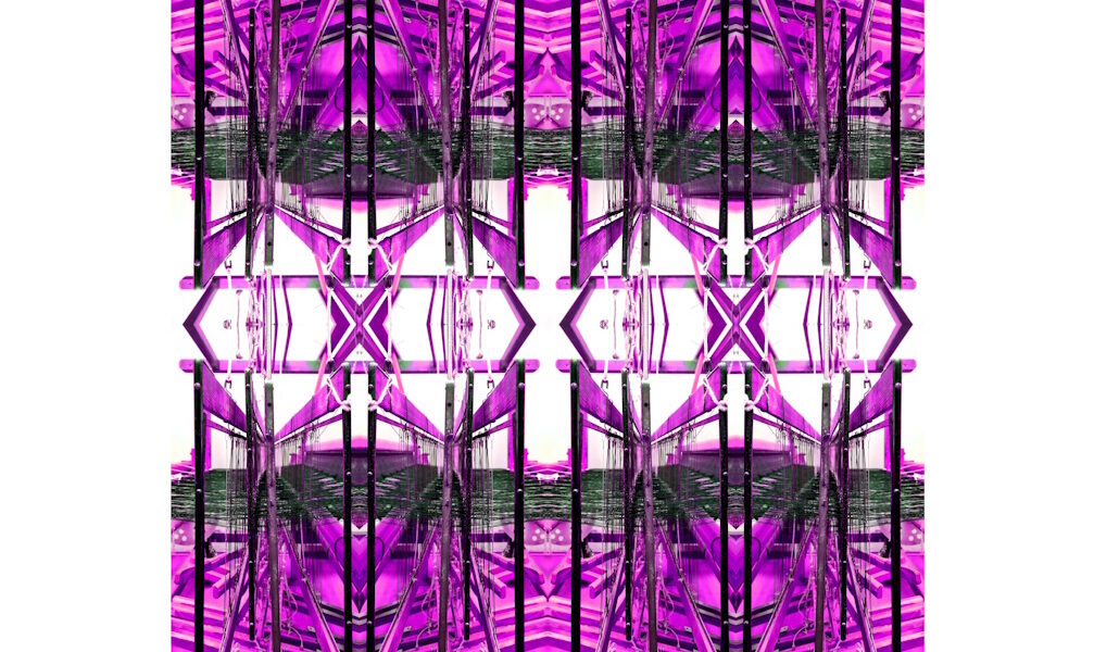 Manufakturen-Blog-PopArt-Projekt: Webstuhl XII, violett / anthrazit (Foto: Wigmar Bressel) aus der Serie 'Spiegelungen' - Collage, basierend auf einem Foto am Webstuhl im Atelier der Webmeisterin Maike Weyrich in Hamburg-Bergedorf