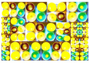 Manufakturen-Blog-PopArt-Projekt: Schalen IV (Fahnen), gelb (Wigmar Bressel) aus der Serie 'Spiegelungen' - Collage, basierend auf einem Foto in der Werkstatt der Independent-Keramikerin Frauke Alber in Bremen