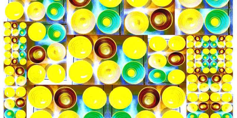 Manufakturen-Blog-PopArt-Projekt: Schalen IV (Fahnen), gelb (Wigmar Bressel) aus der Serie 'Spiegelungen' - Collage, basierend auf einem Foto in der Werkstatt der Independent-Keramikerin Frauke Alber in Bremen
