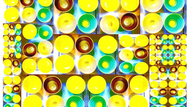 Manufakturen-Blog-PopArt-Projekt: Schalen IV (Fahnen), gelb (Wigmar Bressel) aus der Serie 'Spiegelungen' - Collage, basierend auf einem Foto in der Werkstatt der Independent-Keramikerin Frauke Alber in Bremen