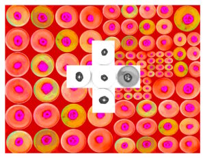 Manufakturen-Blog-PopArt-Projekt: Teller XII (Fahnen), rot / orange / weiß (Foto: Wigmar Bressel) aus der Serie 'Spiegelungen' - Collage, basierend auf einem Foto von Kathrin Ritzi-Schaufelberger von Tellern des eidgenössischen Ritziporzellan aus Kradolf