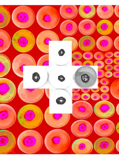 Manufakturen-Blog-PopArt-Projekt: Teller XII (Fahnen), rot / orange / weiß (Foto: Wigmar Bressel) aus der Serie 'Spiegelungen' - Collage, basierend auf einem Foto von Kathrin Ritzi-Schaufelberger von Tellern des eidgenössischen Ritziporzellan aus Kradolf