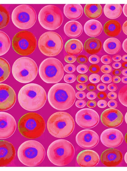 Manufakturen-Blog-PopArt-Projekt: Teller XIV (Fahnen), violett / blau (Foto: Wigmar Bressel) aus der Serie 'Spiegelungen' - Collage, basierend auf einem Foto von Kathrin Ritzi-Schaufelberger von Tellern des eidgenössischen Ritziporzellan aus Kradolf